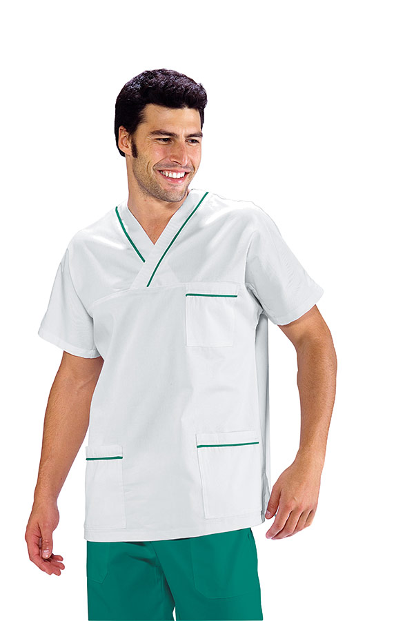 CASACCA COLLO A V BIANCO+PROF. VERDE UNISEX 100 % COTTON