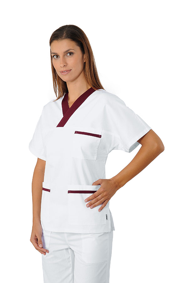 CASACCA COLLO A V BIANCO+ BORDEAUX UNISEX 100 % COTTON