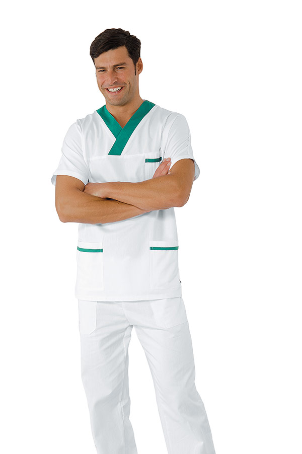 CASACCA COLLO A V BIANCO+ VERDE UNISEX 100 % COTTON