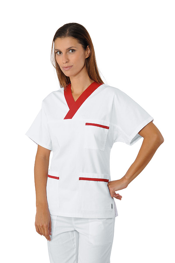 CASACCA COLLO A V BIANCO+ ROSSO UNISEX 100 % COTTON