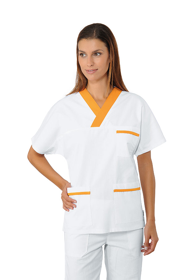 CASACCA COLLO A V BIANCO+ ALBICOCCA UNISEX 100 % COTTON